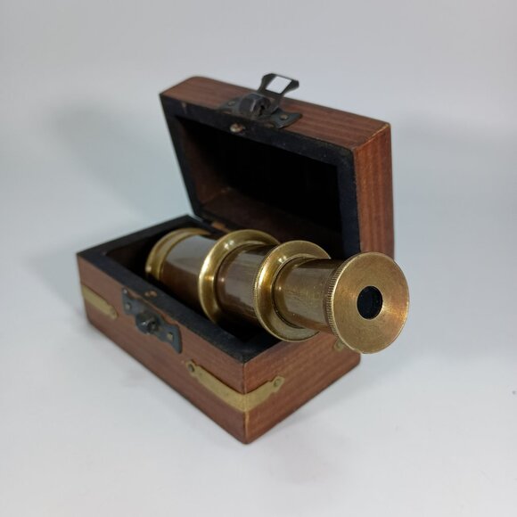 Antique Brass & Glass Mini Telescope w/Wooden Box, Hand Made - Picture 3 of 10